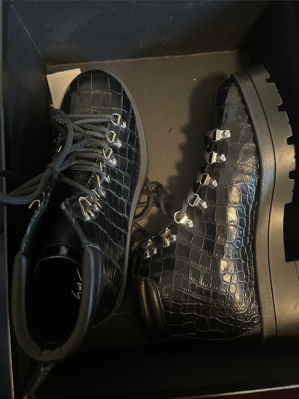Giuseppe Zanotti Black Croc-Embossed Lug Sole High-Top Boots